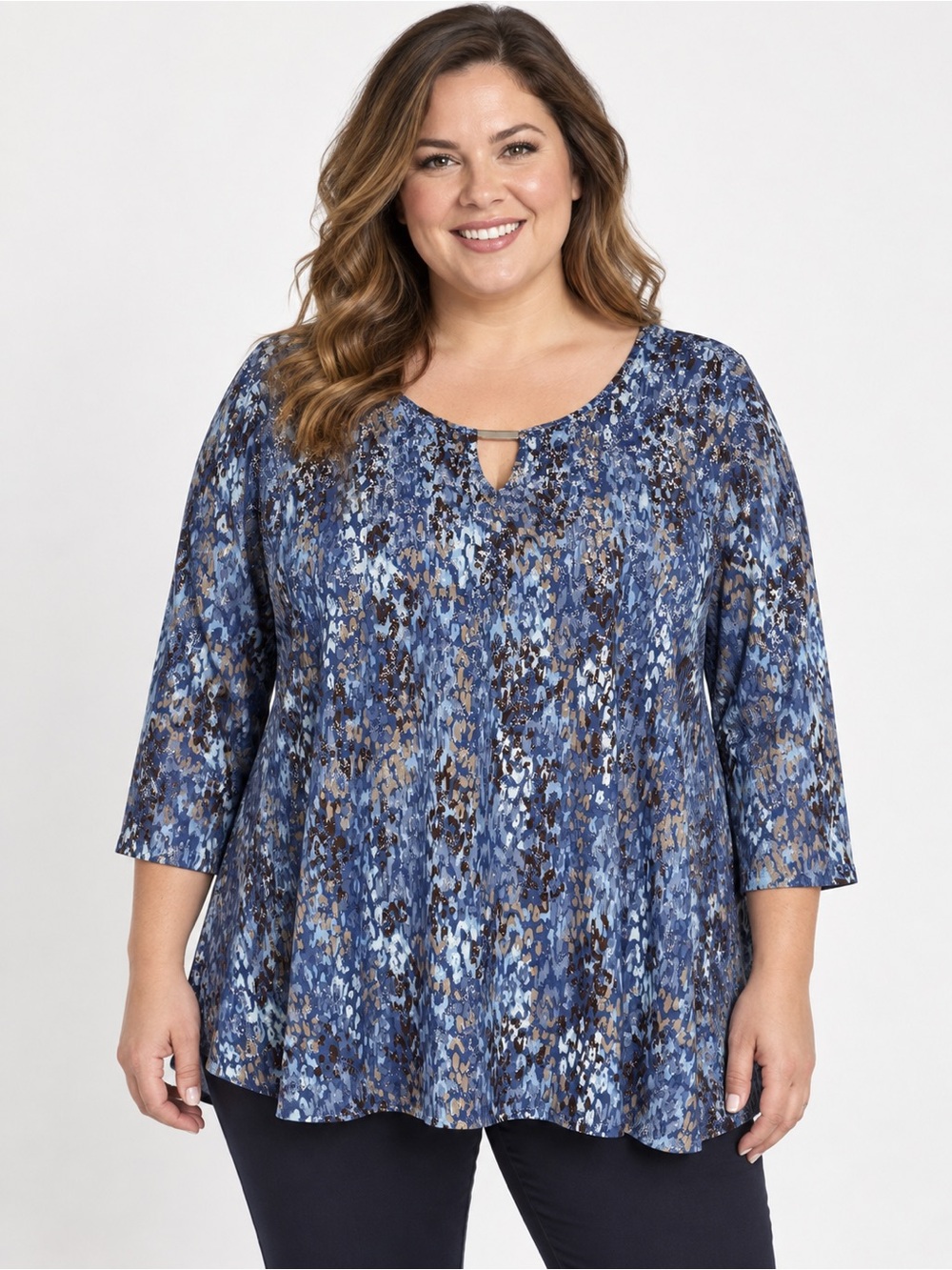 Emily Daniels 2X Blue Abstract Metallic Print Boho Tunic Top 3/4 Sleeve Artsy
